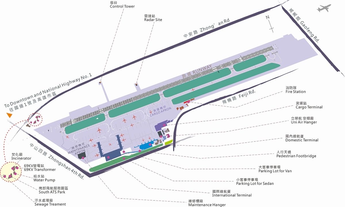 高雄小港機場平面圖，標出國際航廈、國內線航廈與中山四路